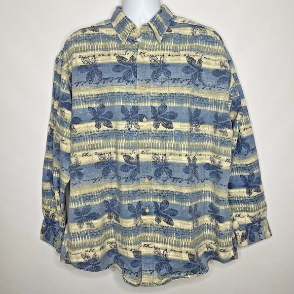 Vintage 80s LL Bean All Striped Hawaiian Print Long Sleeve Denim Shirt